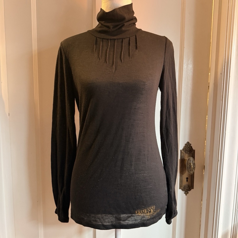 DKNY Jeans Y2K Women's Black Turtle Neck With Pleated And Burnout Detail Size M